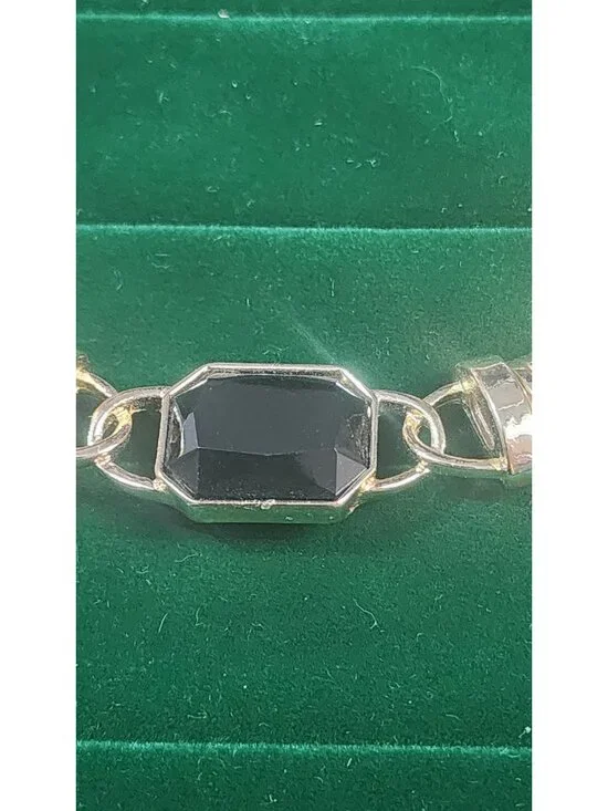 Vintage Saks Fifth Avenue Gold Tone Collar Necklace Black Stone Center 80s - Picture 8 of 9